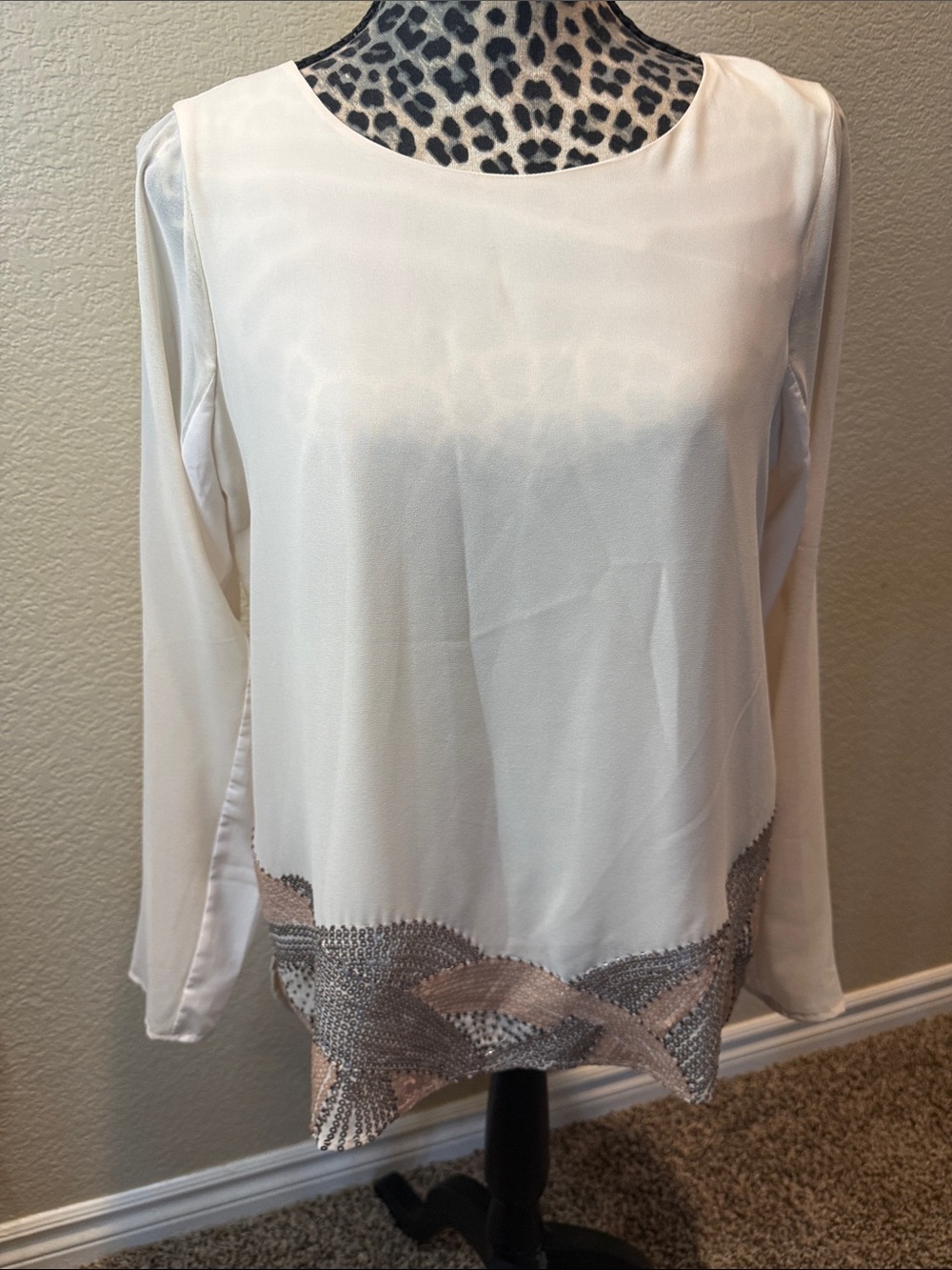 MM Couture Ivory Long-Sleeve Embellished Hem Blouse